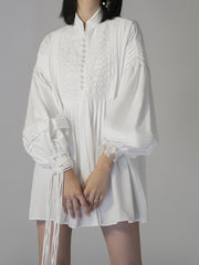 Retro Solid Color Lantern Sleeve Shirt Dress