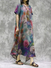 Ethnic Floral Round Neck Short Sleeve Dress