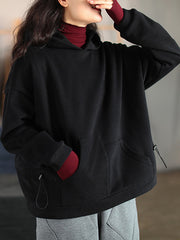 Women Retro Loose Long Sleeve Hooded Sweatshirt