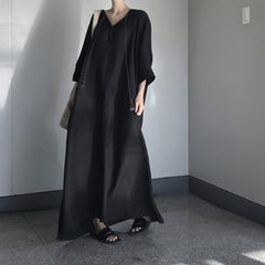 V-Neck Loose Solid Color Mid-Sleeve Maxi Dress