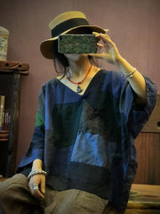 Original Retro Plaid V-neck Linen T-shirt