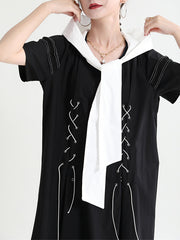 Clash French Lace Dress With Navy Neckline And Short Sleeves