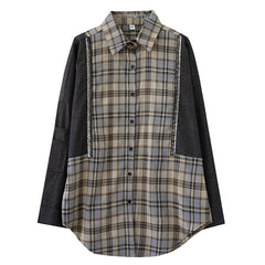 Women Plaid Stitching Loose Shirt