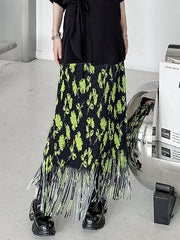 Floral Stamped Pleated Tasseled High Waisted Skirts Bottoms