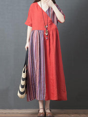 Original Split-Joint Striped V-Neck Dress