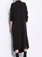 Women Solid Color Dark Black Tie Pile Collar Casual Dress