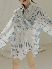 Original Roomy Long Sleeves Buttoned Contrast Color Stamped Lapel Collar Mini Dresses