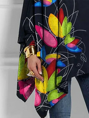 Long Sleeves Loose Asymmetric Floral Printed High-Neck T-Shirts Tops