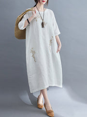 Round Neck Half Sleeves Embroidery Maxi Dress