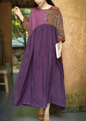 Plus Size Purple Ruffled Wrinkled Cotton Dresses Half Sleeve