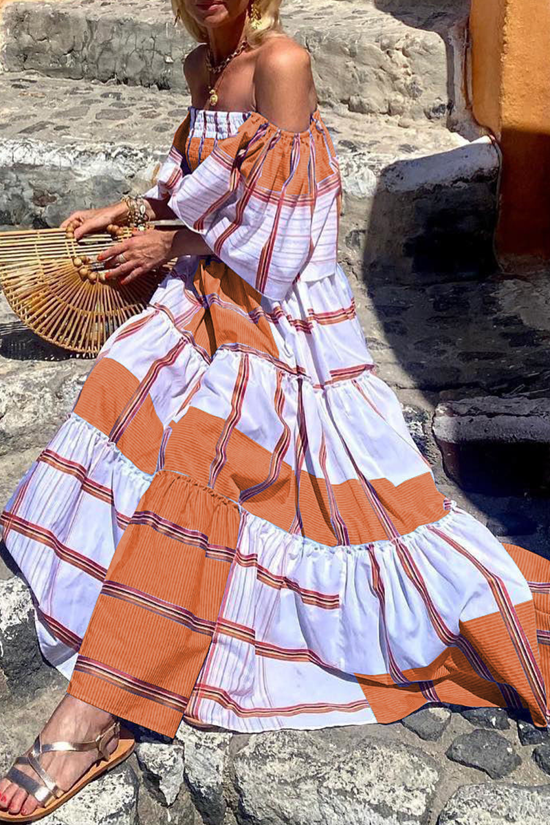 Fashion Print Patchwork Off the Shoulder Cake  Dresses(3 Colors)
