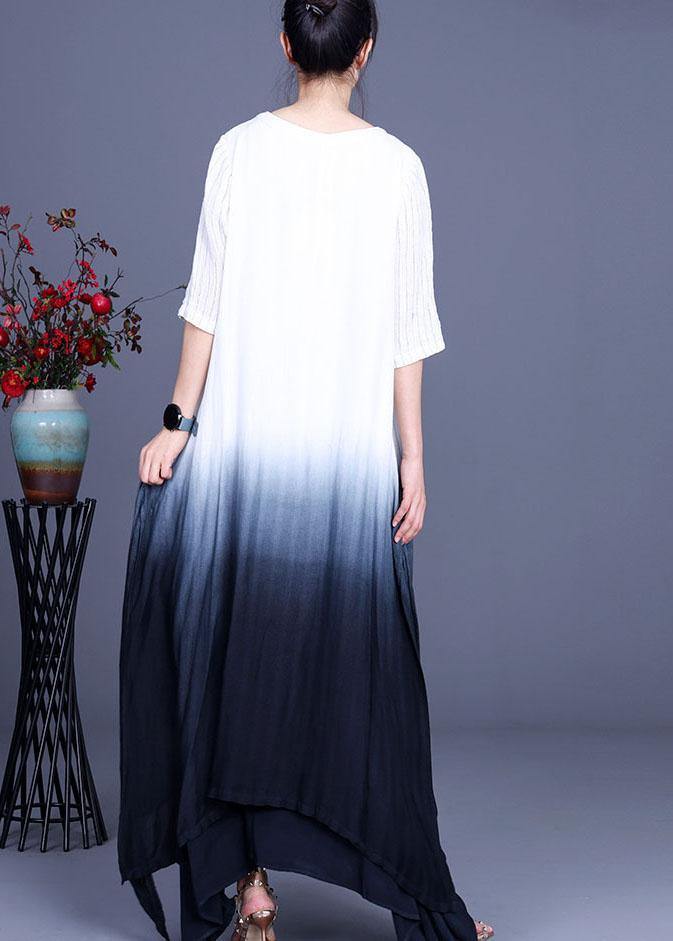 Elegant Striped Tie Dye asymmetrical design Cotton Linen Summer Dress