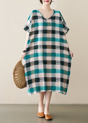 French Green Black Plaid Oversized Linen Dress Summer