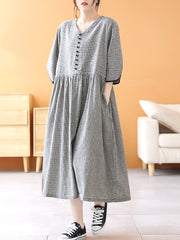 Women Summer Casual Plaid Button Pocket Pleat Loose Dress