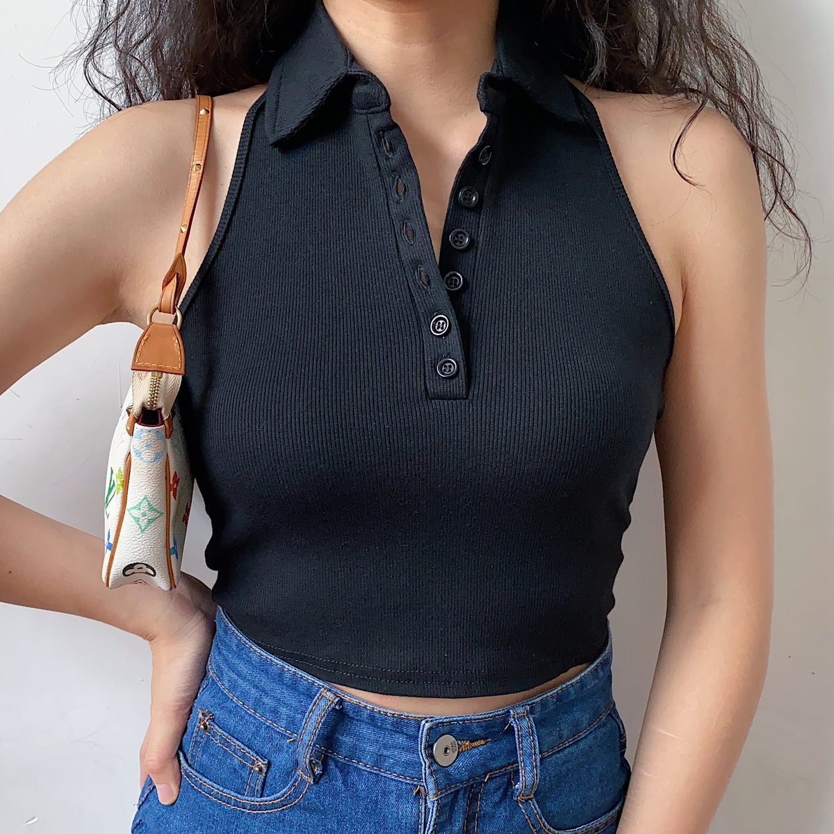 70s Slim Polo Halter Top