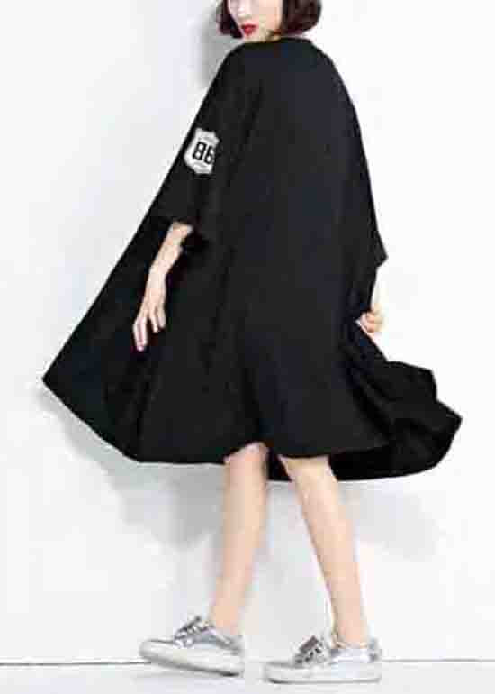 Plus Size Black O Neck Print Patchwork Cotton Mid Dress Summer