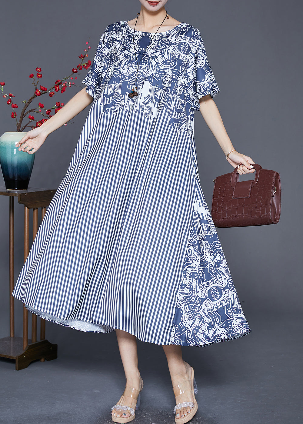 Fashion Blue Striped Patchwork Exra Large Hem Silk Robe Dresses Summer