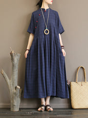 Summer Vintage Pleated Cotton Plaid Dress