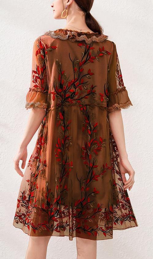 Organic Chocolate Embroidery Lace Butterfly Sleeve Summer Robe Dresses