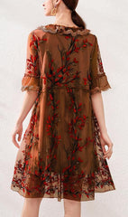 Organic Chocolate Embroidery Lace Butterfly Sleeve Summer Robe Dresses
