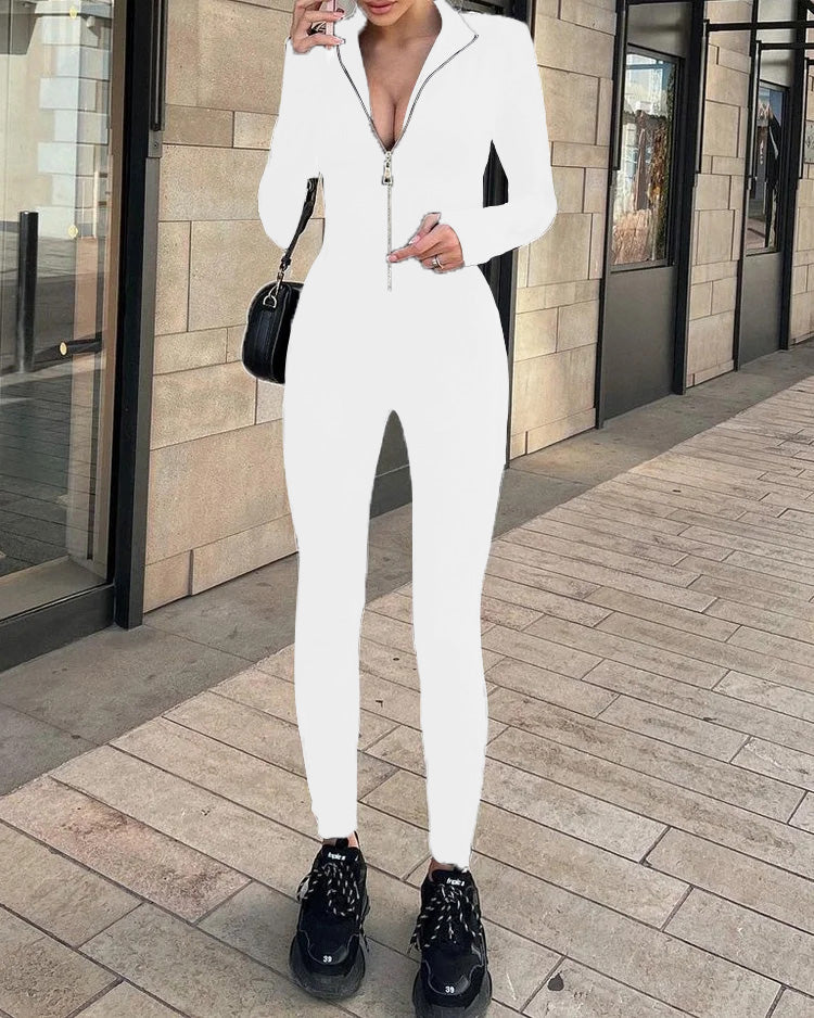 Lapel Collar Solid Zipper Jumpsuit