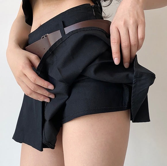 Y2K Corduroy Pleated Mini Skirt // Black