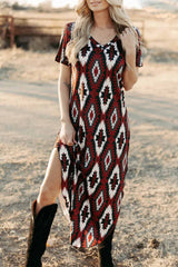 Western Printed Short Sleeve Slit Dress