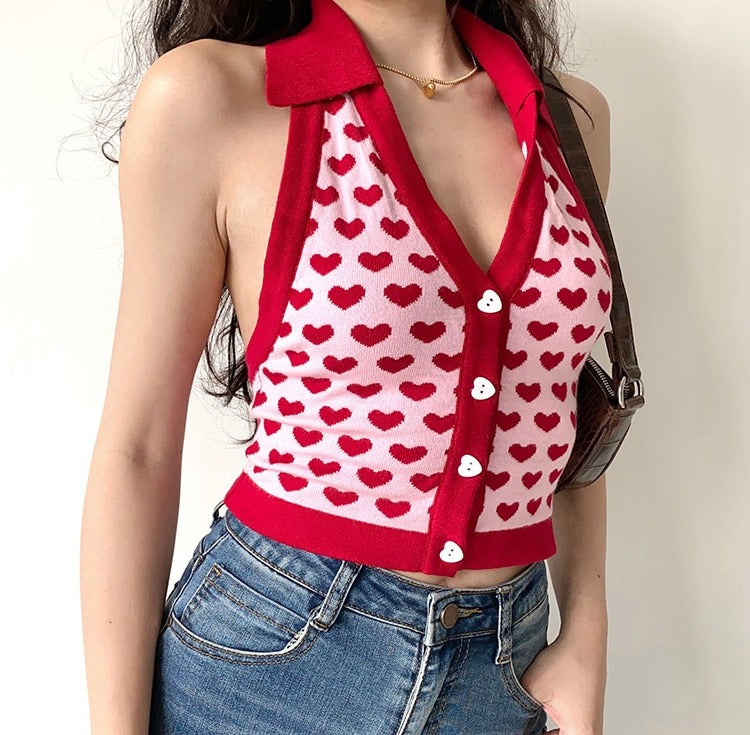 70s Retro Chevron Halter Vest // Heart Print