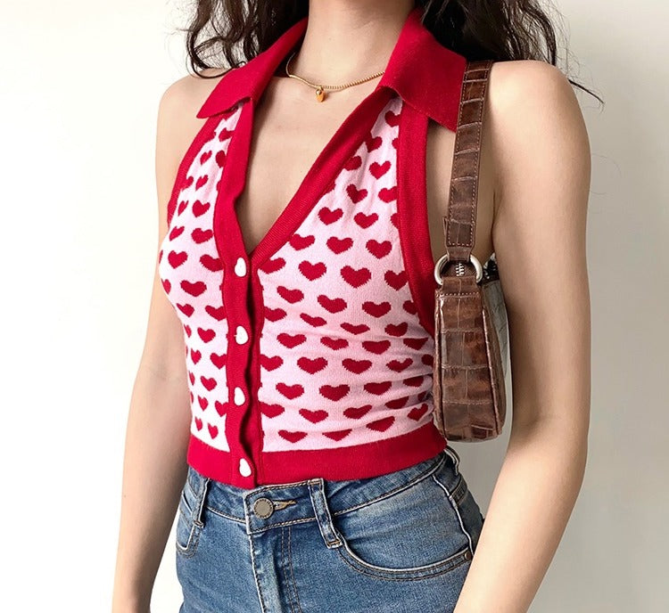 70s Retro Chevron Halter Vest // Heart Print