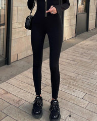 Lapel Collar Solid Zipper Jumpsuit