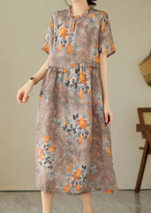 Women Khaki Ruffled Print Patchwork Cotton Dresses Summer