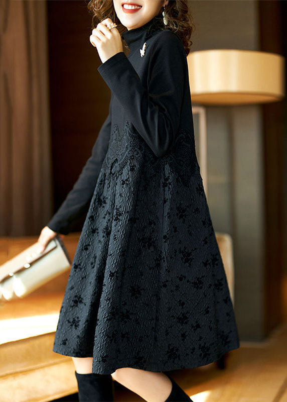 Organic Black Hign Neck Patchwork Lace Dress Spring