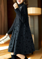 Organic Black Hign Neck Patchwork Lace Dress Spring
