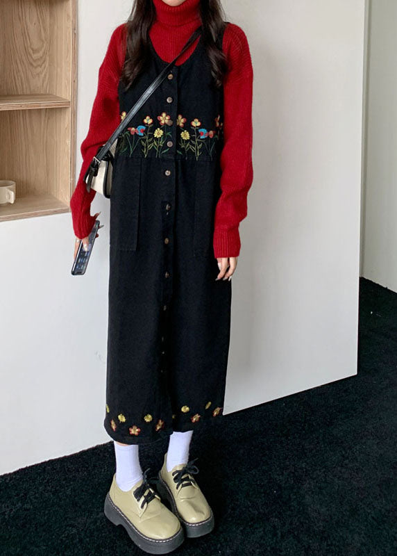 Vintage Black Slash Neck Embroideried Patchwork Button Denim Maxi Dress Sleeveless