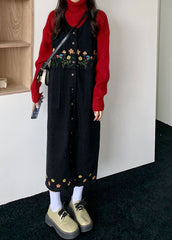 Vintage Black Slash Neck Embroideried Patchwork Button Denim Maxi Dress Sleeveless