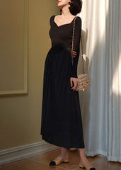 Beautiful Black Square Collar Patchwork Slim Fit Knit Dress Spring