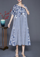 Fashion Blue Striped Patchwork Exra Large Hem Silk Robe Dresses Summer