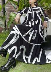 Italian Black Patchwork Button Print Fall Long sleeve Party Dress