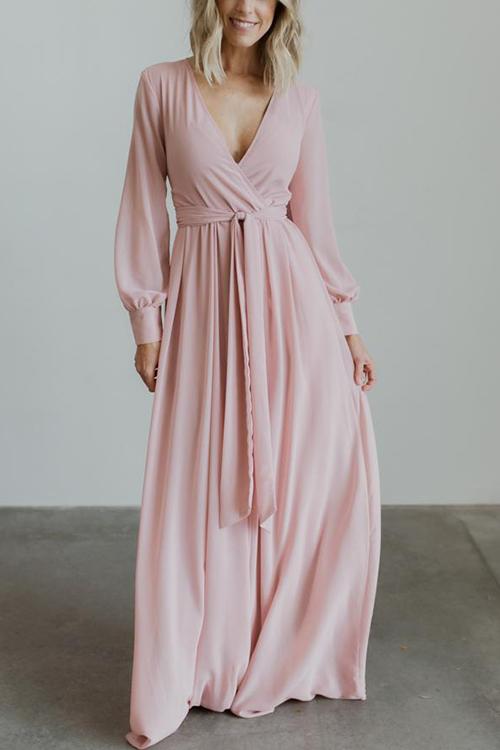 Button Puff Sleeve Belted Maxi Dress