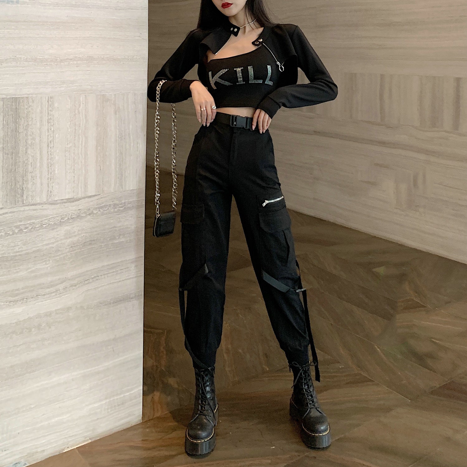 Hip Hop Style Solid High Waist Casual Pants