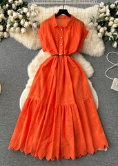 Classy Orange Peter Pan Collar Button Hollow Out Cotton Shirt Dresses Grace