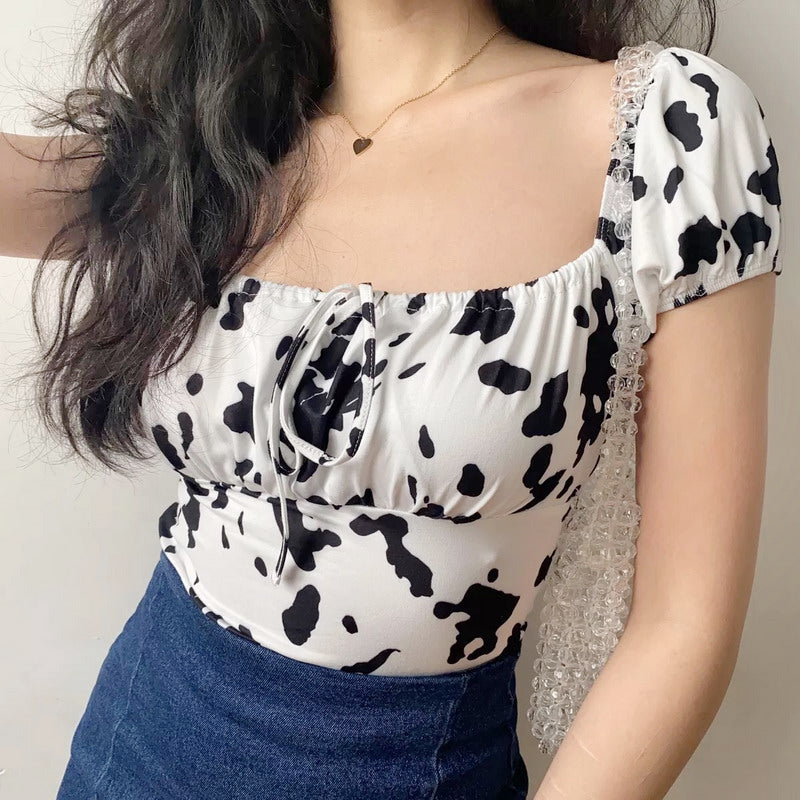 Cow Print Front Tie Top ~ HANDMADE