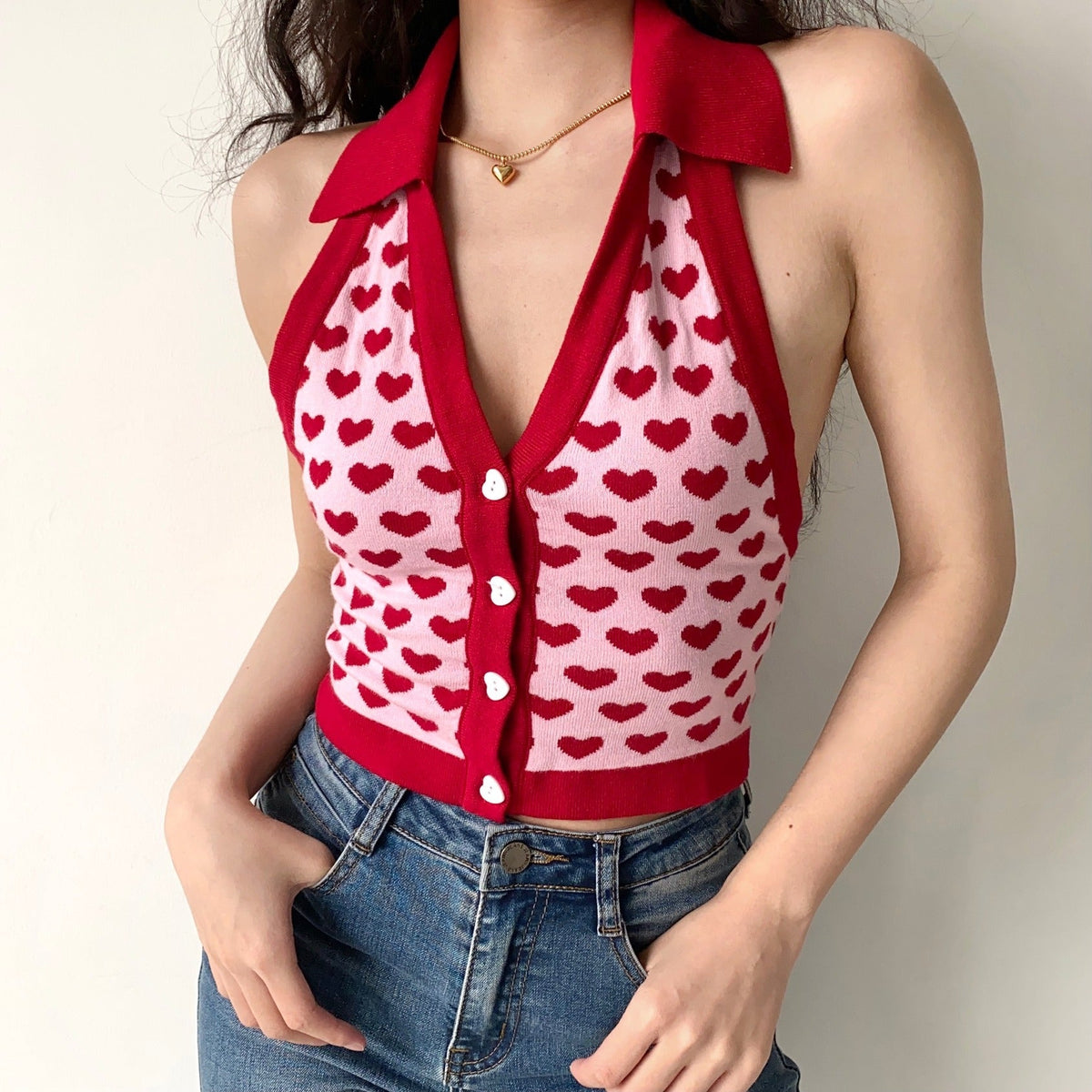 70s Retro Chevron Halter Vest // Heart Print