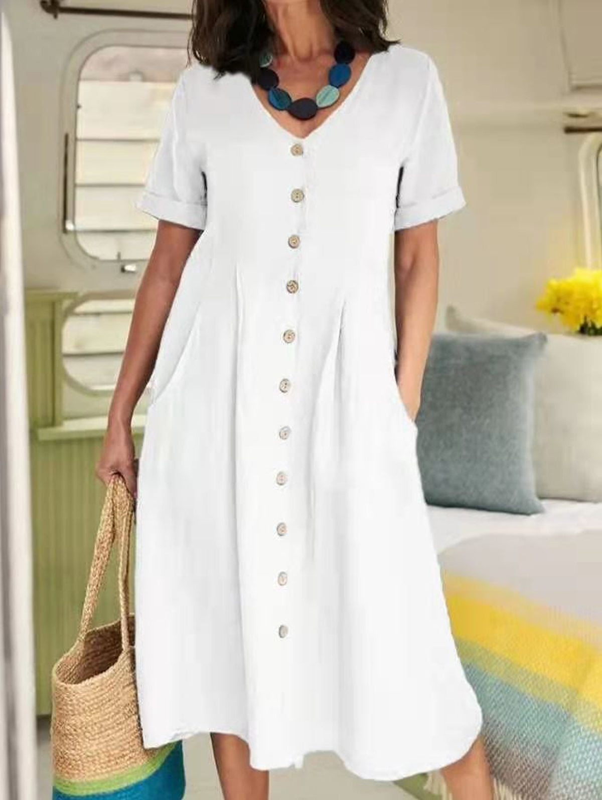 Solid V Neck Loose High Waist Cotton Dress