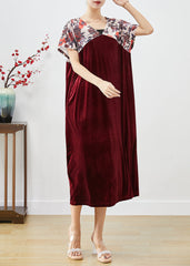 Plus Size Mulberry V Neck Patchwork Silk Velour Party Dress Short Sleeve