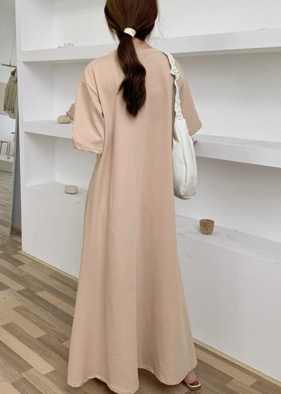 Apricot O-Neck Cozy Cotton Long Dresses Short Sleeve