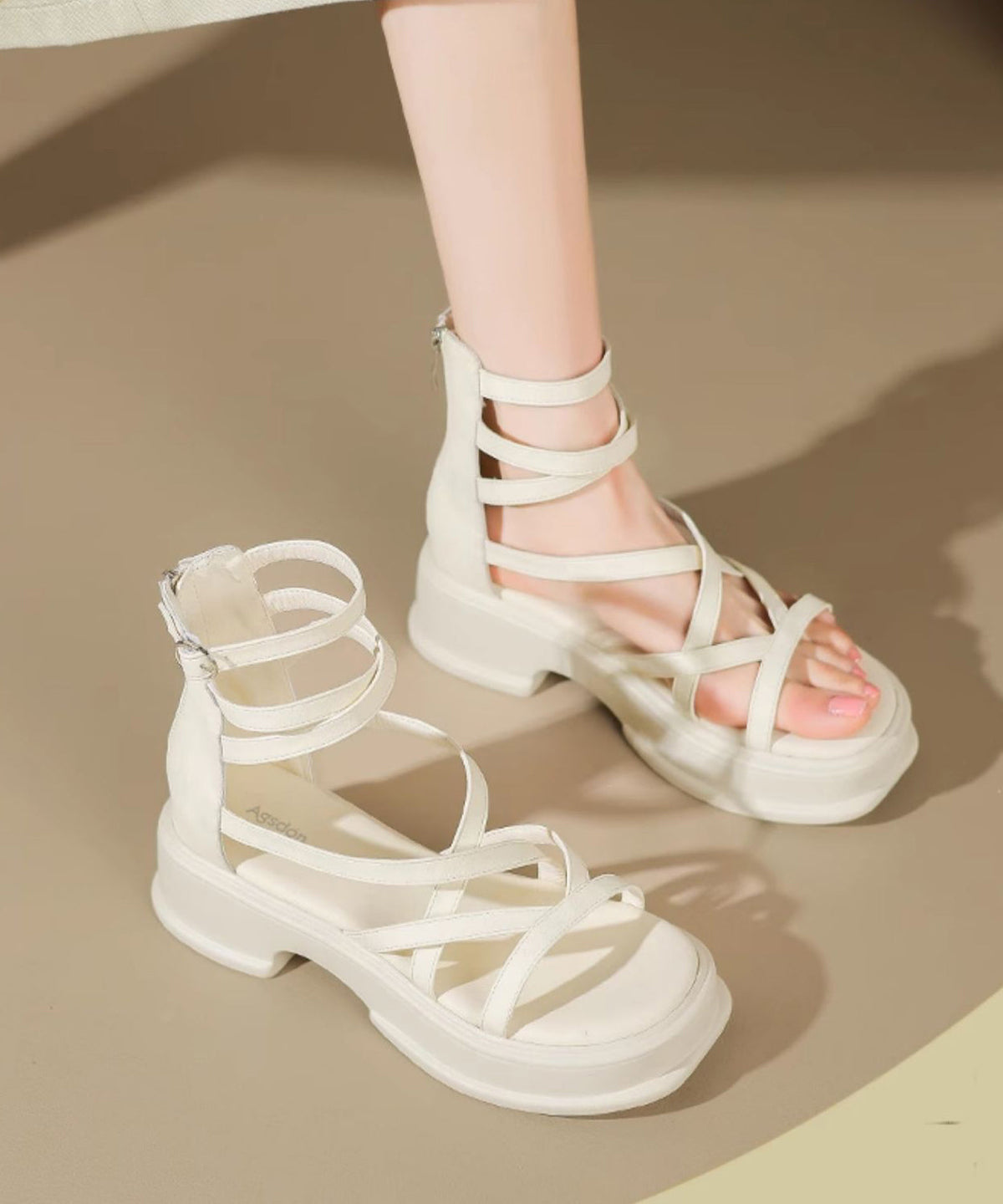 2024 New Beige High Top Strap Roman Sandals Peep Toe