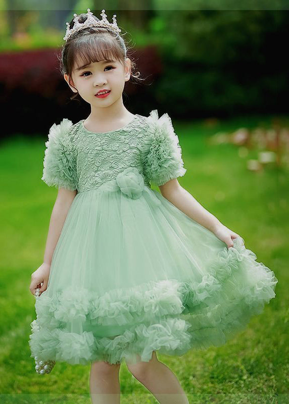 2024 New Green Patchwork Floral Tulle Kids Maxi Dresses Short Sleeve