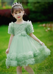 2024 New Green Patchwork Floral Tulle Kids Maxi Dresses Short Sleeve