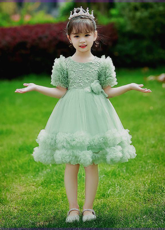 2024 New Green Patchwork Floral Tulle Kids Maxi Dresses Short Sleeve